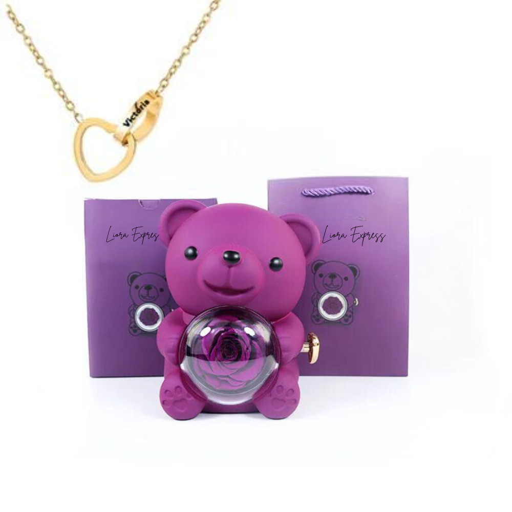Colar Dueto de Amor & Urso com Rosa Eternizada + Nomes Gravados!🧸