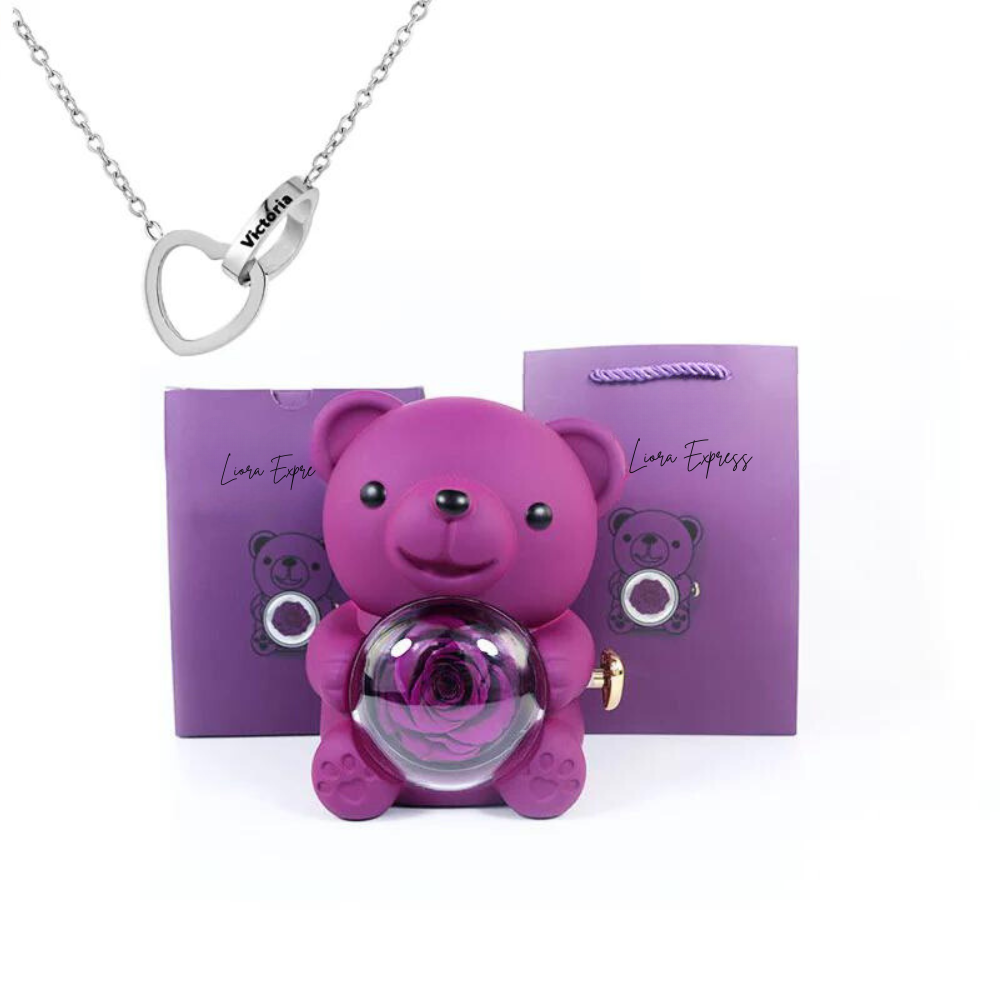 Colar Dueto de Amor & Urso com Rosa Eternizada + Nomes Gravados!🧸