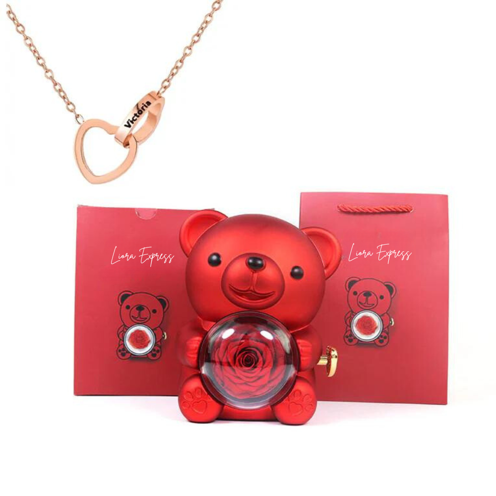 Colar Dueto de Amor & Urso com Rosa Eternizada + Nomes Gravados!🧸