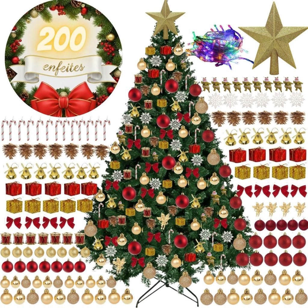 Kit Árvore de Natal Luxo Completo: Cheia, Enfeites Vibrantes, Pisca-Pisca LED