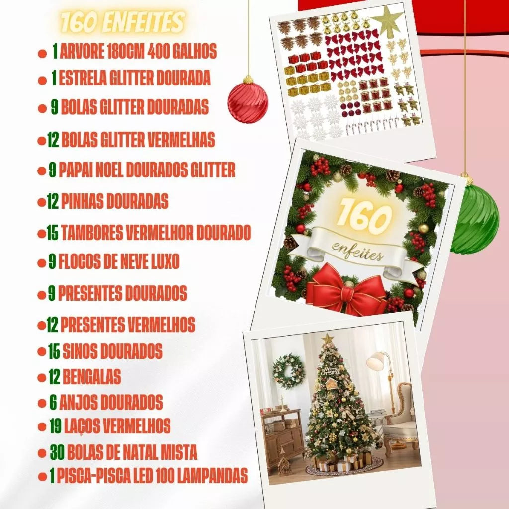 🎄 Kit Árvore de Natal Luxo Completo: Cheia, Enfeites Vibrantes, Pisca-Pisca LED